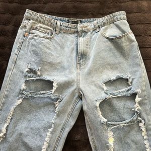 PRETTYLITTLETHING Mid Blue Open Thigh Mom Jeans